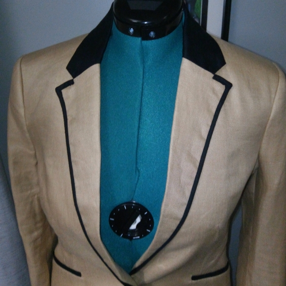Mango Tan & Black One Button Linen Hourglass Blazer Sz 8 - Picture 7 of 11